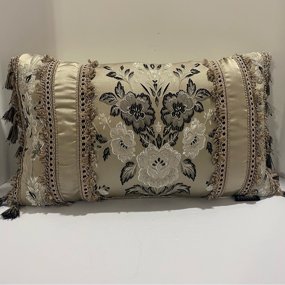 J Queen New York Luxury Decorative Lumbar Pillow Taupe Gray Silver Floral Tassel